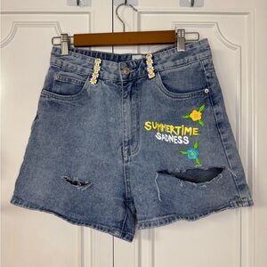 Princess Polly Blue Denim Shorts with Yellow & Green Embroidery